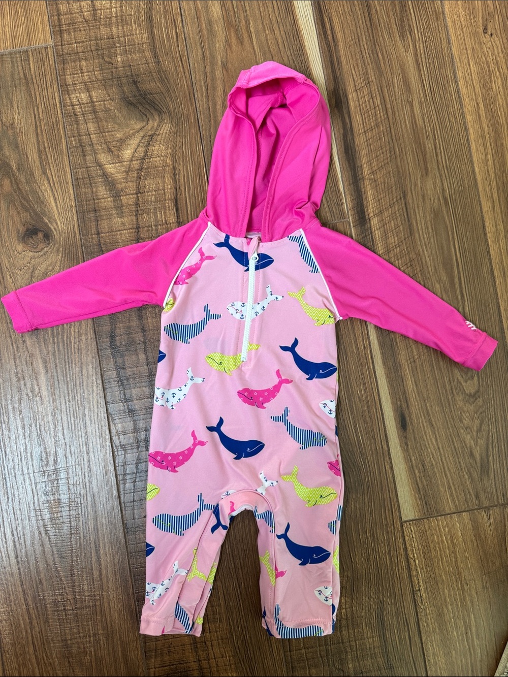 Coolibar Pink Hooded Kids One-Piece Rash Guard with Whale Print